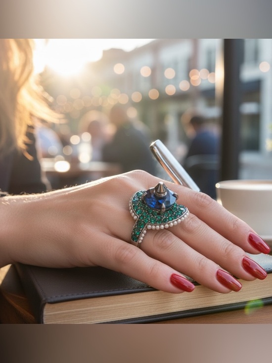 Gucci Jewelry - Gucci Green Pavé and Blue Center Gem Ring with Pearl Trim